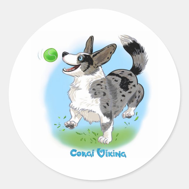 Blue merle Corgi mit Ball Runder Aufkleber (Vorderseite)