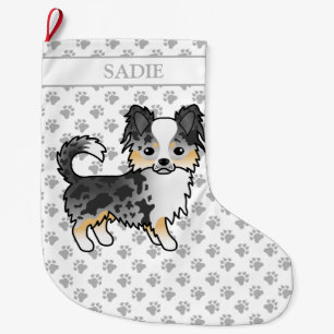 Blue Merle Long Coat Chihuahua Cartoon Dog & Name Großer Weihnachtsstrumpf