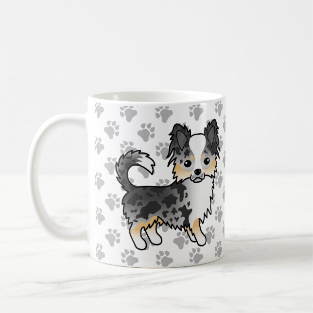 Blue Merle Long Coat Chihuahua Cartoon Dog & Paws Kaffeetasse (Links)