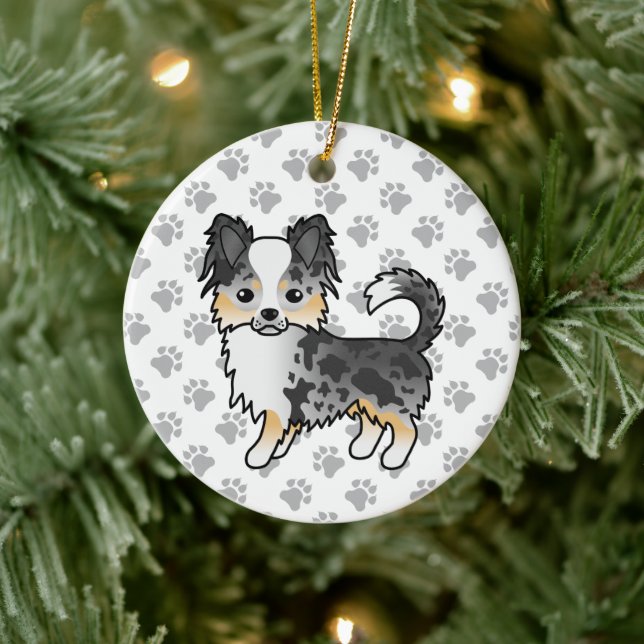 Blue Merle Long Coat Chihuahua Cartoon Dog & Paws Keramik Ornament (Baum)