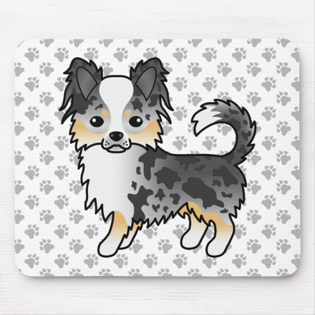 Blue Merle Long Coat Chihuahua Cartoon Dog & Paws Mousepad (Vorne)