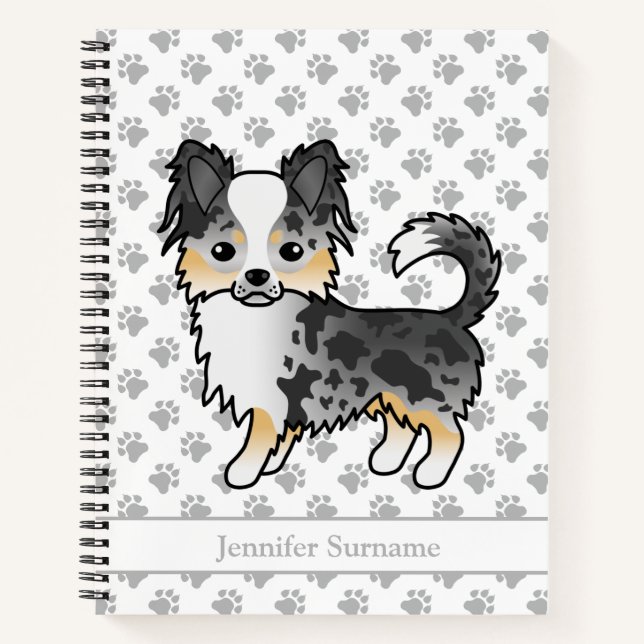 Blue Merle Long Coat Chihuahua Dog & Custom Text Notizbuch (Vorderseite)