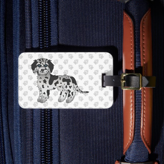 Blue Merle Mini Goldendoodle Cartoon Dog & Text Gepäckanhänger (Vorderseite Insitu 4)