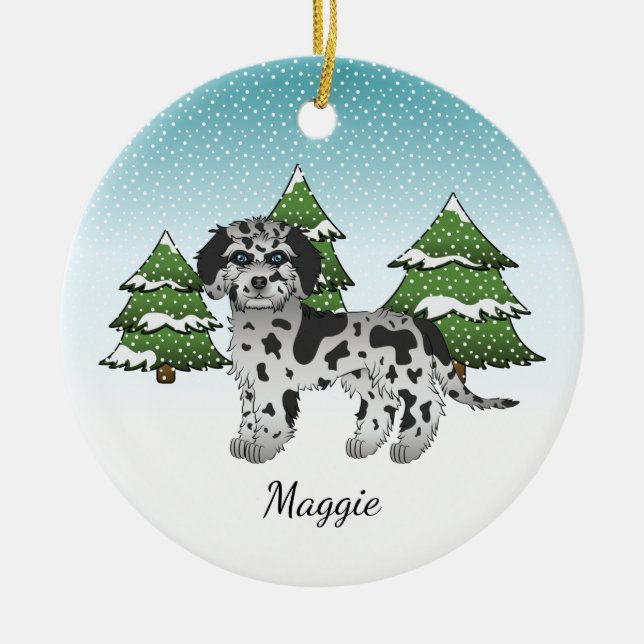 Blue Merle Mini Goldendoodle - Winterwald Keramik Ornament (Vorne)