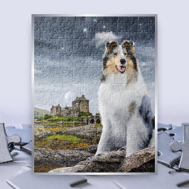 Blue Merle Rough Collie auf der Burg Eilean Donan  Puzzle