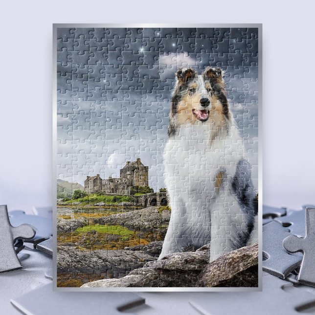 Blue Merle Rough Collie auf der Burg Eilean Donan  Puzzle (Von Creator hochgeladen)