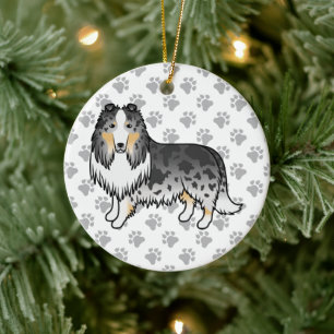 Blue Merle Rough Collie Niedlich Cartoon Dog & Paw Keramik Ornament