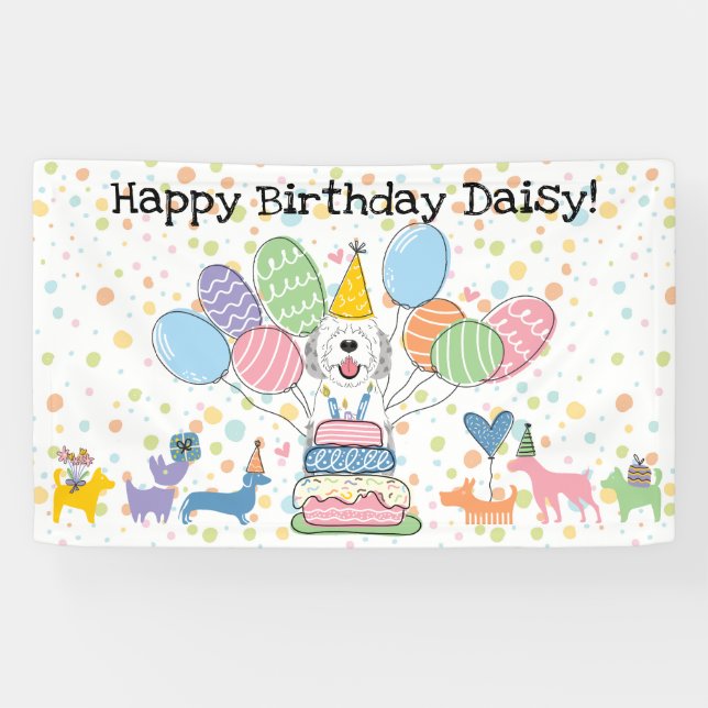 Blue Merle Sheepadoodle Dog Birthday Party Banner (Horizontal)