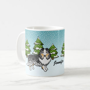 Blue Merle Sheltie Cartoon Dog im Winter & Name Kaffeetasse