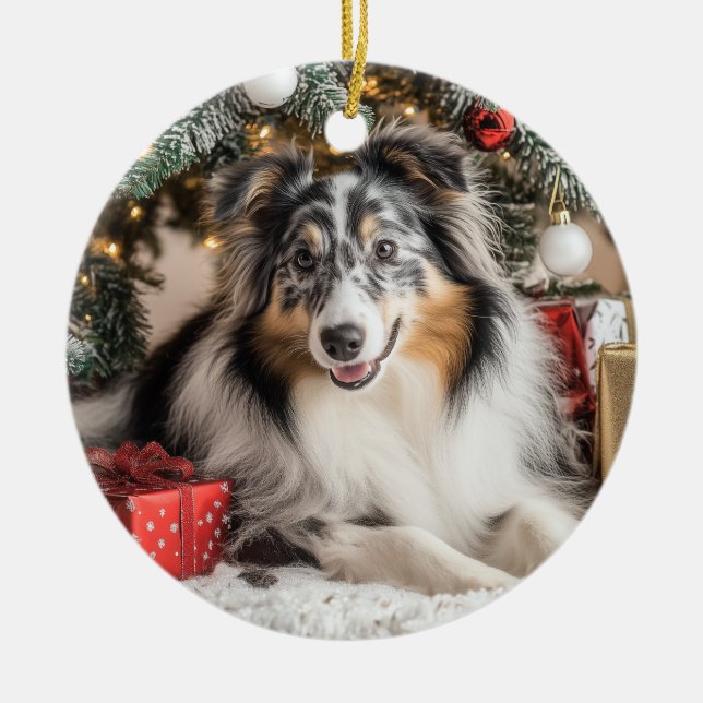 Blue Merle Sheltie Christmas Keramik Ornament (Vorne)