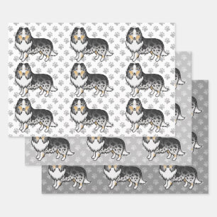 Blue Merle Shetland Sheepdog Cartoon Dog Muster Geschenkpapier Set