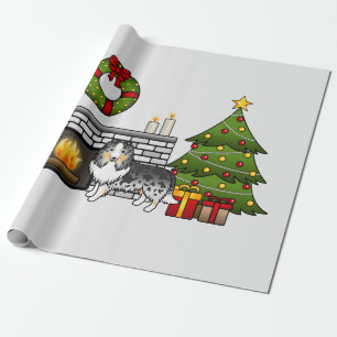 Blue Merle Shetland Sheepdog in einem Weihnachtszi Geschenkpapier