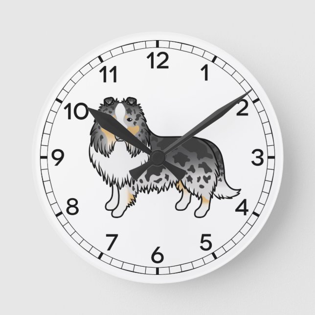 Blue Merle Shetland Sheepdog Sheltie Cartoon Dog Runde Wanduhr (Vorderseite)