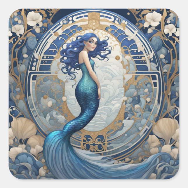 Blue Mermaid Art Nouveau Art Deco Stil Quadratischer Aufkleber (Vorderseite)