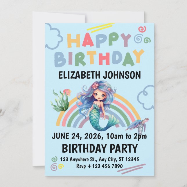 Blue Mermaid Birthday Party Invitation in Blue Einladung (Vorderseite)