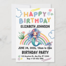 Blue Mermaid Birthday Party Invitation in White Einladung