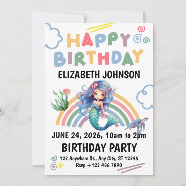 Blue Mermaid Birthday Party Invitation in White Einladung (Vorderseite)