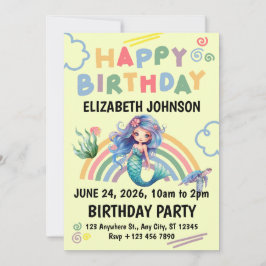 Blue Mermaid Birthday Party Invitation in Yellow Einladung