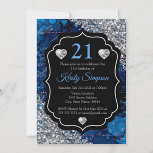 Blue Mermaid Handwriting Letters Silver Glitzer Einladung