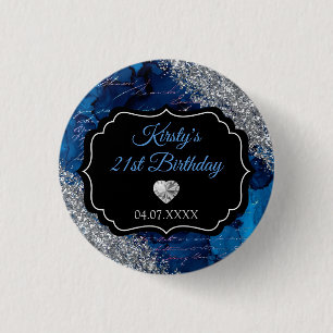 Blue Mermaid Letters Silver Glitter Birthday Button