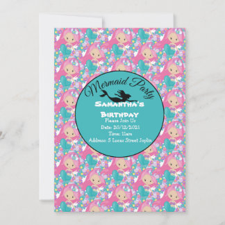 Blue Mermaid Party Pink Einladung