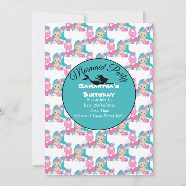 Blue Mermaid Party Pink Einladung (Vorderseite)