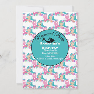Blue Mermaid Party Pink Einladung