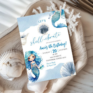 Blue Mermaid Shellebrate Sommerküste Geburtstag Einladung