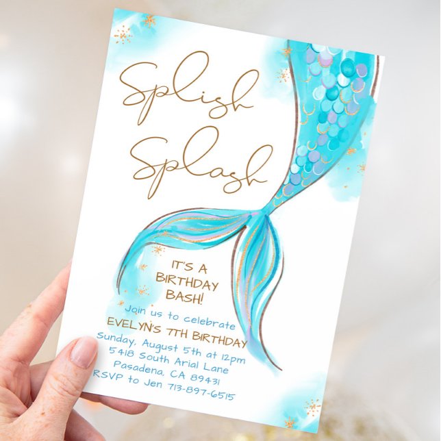 Blue Mermaid Splish Splash Girl Birthday Einladung (Von Creator hochgeladen)