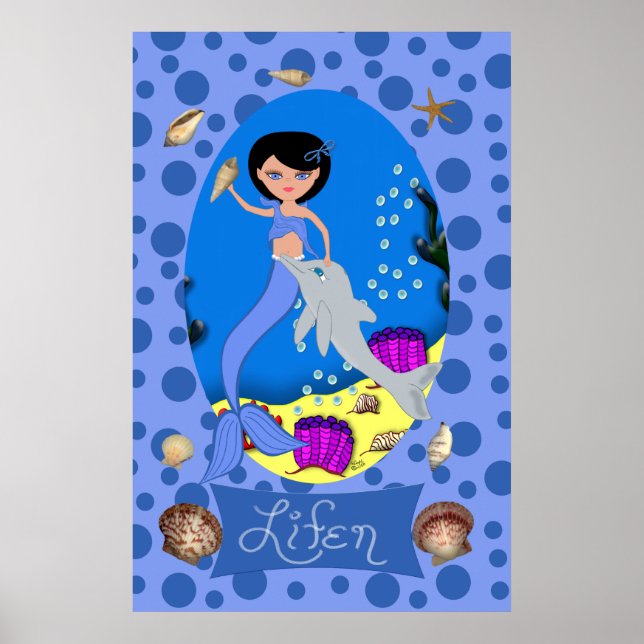 Blue Mermaid und Dolphin Print Poster (Vorne)