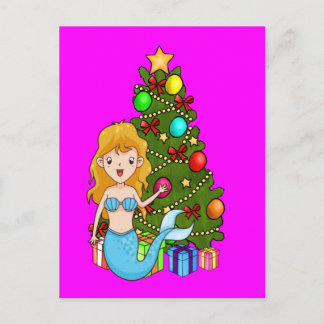 Blue Mermaid und Weihnachtsbaum Feiertagspostkarte
