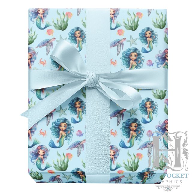 Blue Mermaids Gift Wrapping Paper in Blue Geschenkpapier (Von Creator hochgeladen)