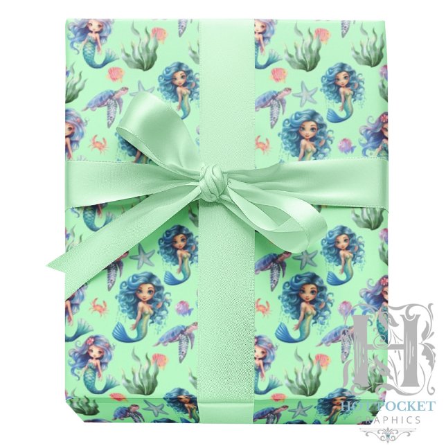 Blue Mermaids Gift Wrapping Paper in Green Geschenkpapier (Von Creator hochgeladen)