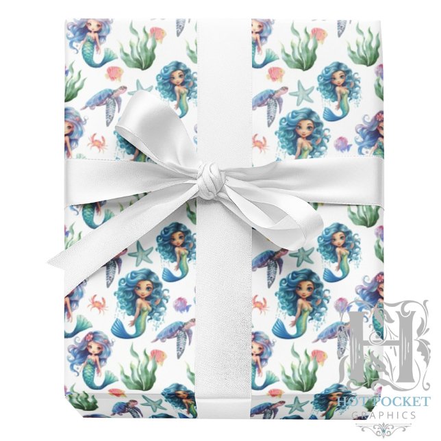 Blue Mermaids Gift Wrapping Paper in White Geschenkpapier (Von Creator hochgeladen)