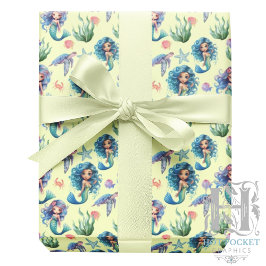 Blue Mermaids Gift Wrapping Paper in Yellow Geschenkpapier