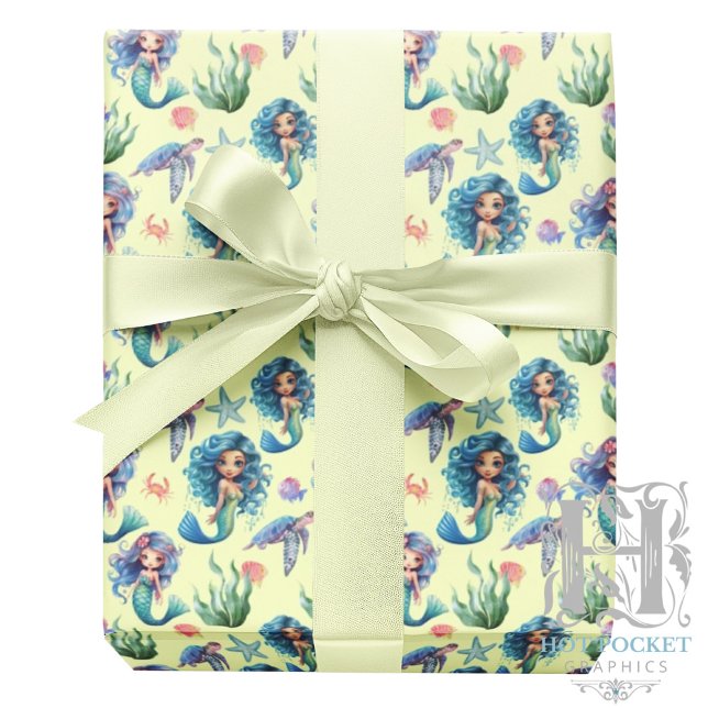 Blue Mermaids Gift Wrapping Paper in Yellow Geschenkpapier (Von Creator hochgeladen)