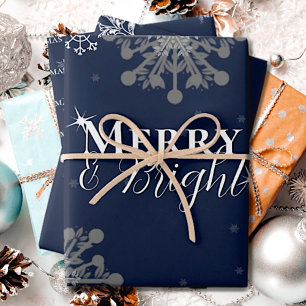 Blue Merry and Bright Snowflakes Weihnachten Geschenkpapier Set