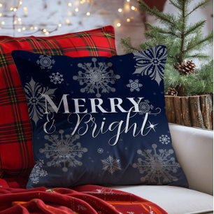 Blue Merry and Bright Snowflakes Weihnachten Kissen