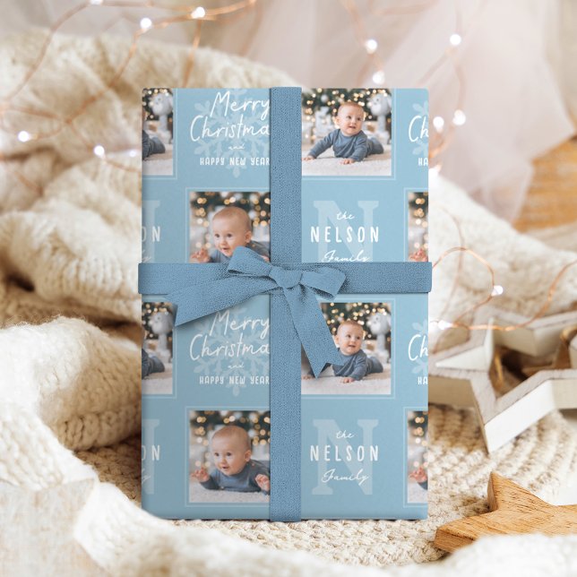 Blue Merry Christmas Calligraphy Family 2 photo Geschenkpapier (Blue Merry Christmas Calligraphy Family 2 photo Wrapping Paper)