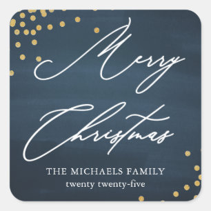 Blue Merry Christmas Elegantes Script mit Imitate  Quadratischer Aufkleber