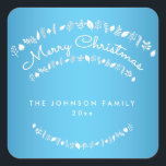 Blue Merry Christmas Square Stickers<br><div class="desc">Frohe Weihnachts-Blau-Weiß-Quadrat-Aufkleber mit veränderbarem Text</div>