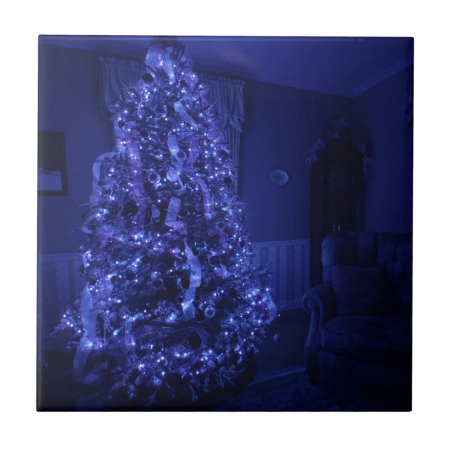 Blue Merry Christmas Tree Lights Fliese (Vorderseite)
