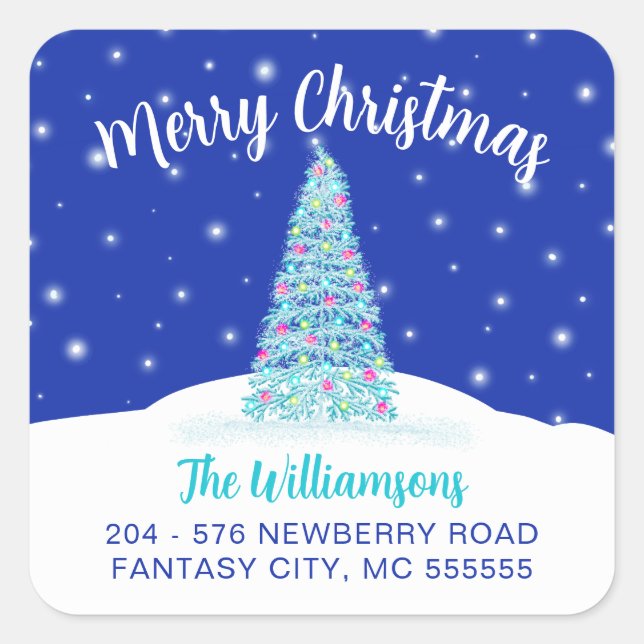 Blue Merry Christmas Tree Rücksendeadresse Label Quadratischer Aufkleber (Vorderseite)