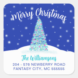 Blue Merry Christmas Tree Rücksendeadresse Label Quadratischer Aufkleber