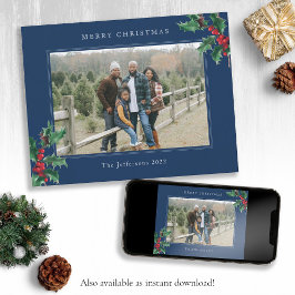 Blue Merry Christmas Vintag Holly Berries Foto Feiertagskarte