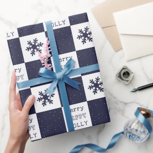 Blue Merry Jolly Happy Snowflakes Geschenkpapier
