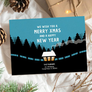 Blue Merry Xmas mit Retro schwarzen Wald und Kabin Karte