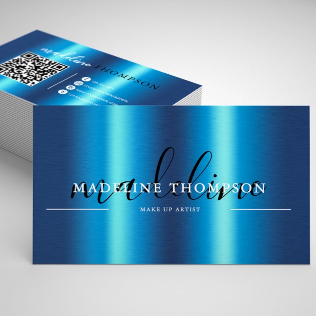 Blue Metallic Brush Steel Script QR Code Visitenkarte (Von Creator hochgeladen)