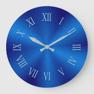 Blue Metallic Clock with Pattern Roman Numbers Große Wanduhr