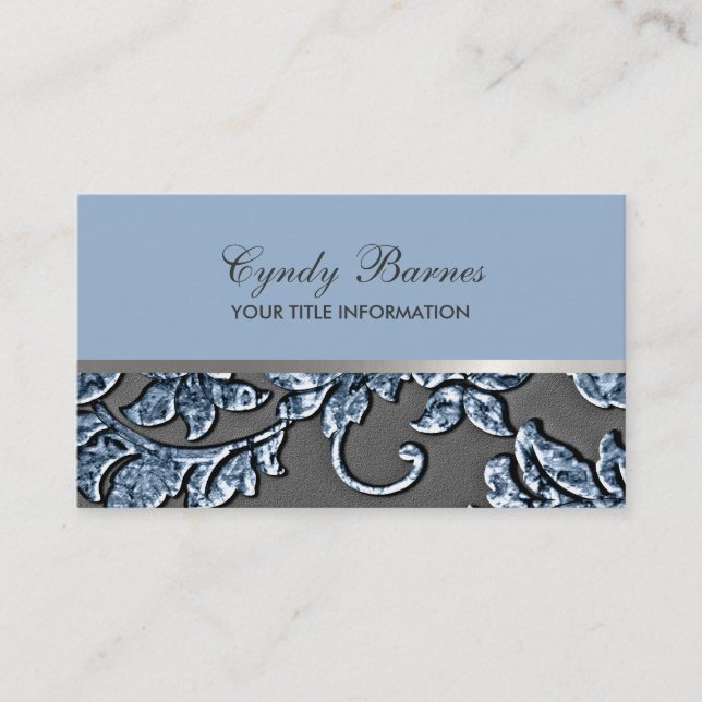 Blue Metallic Damask Business Card Visitenkarte (Vorderseite)